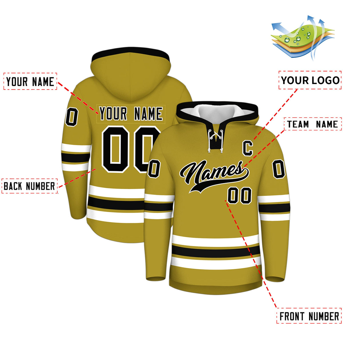 Custom Hockey Hoodie Jersey Old Gold Black Classic Style for Men&Youth