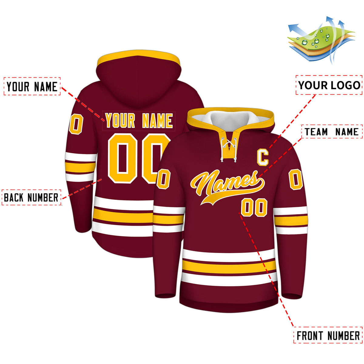 Custom Hockey Hoodie Jersey Crimson Gold Classic Style Add Name,Number & Logo