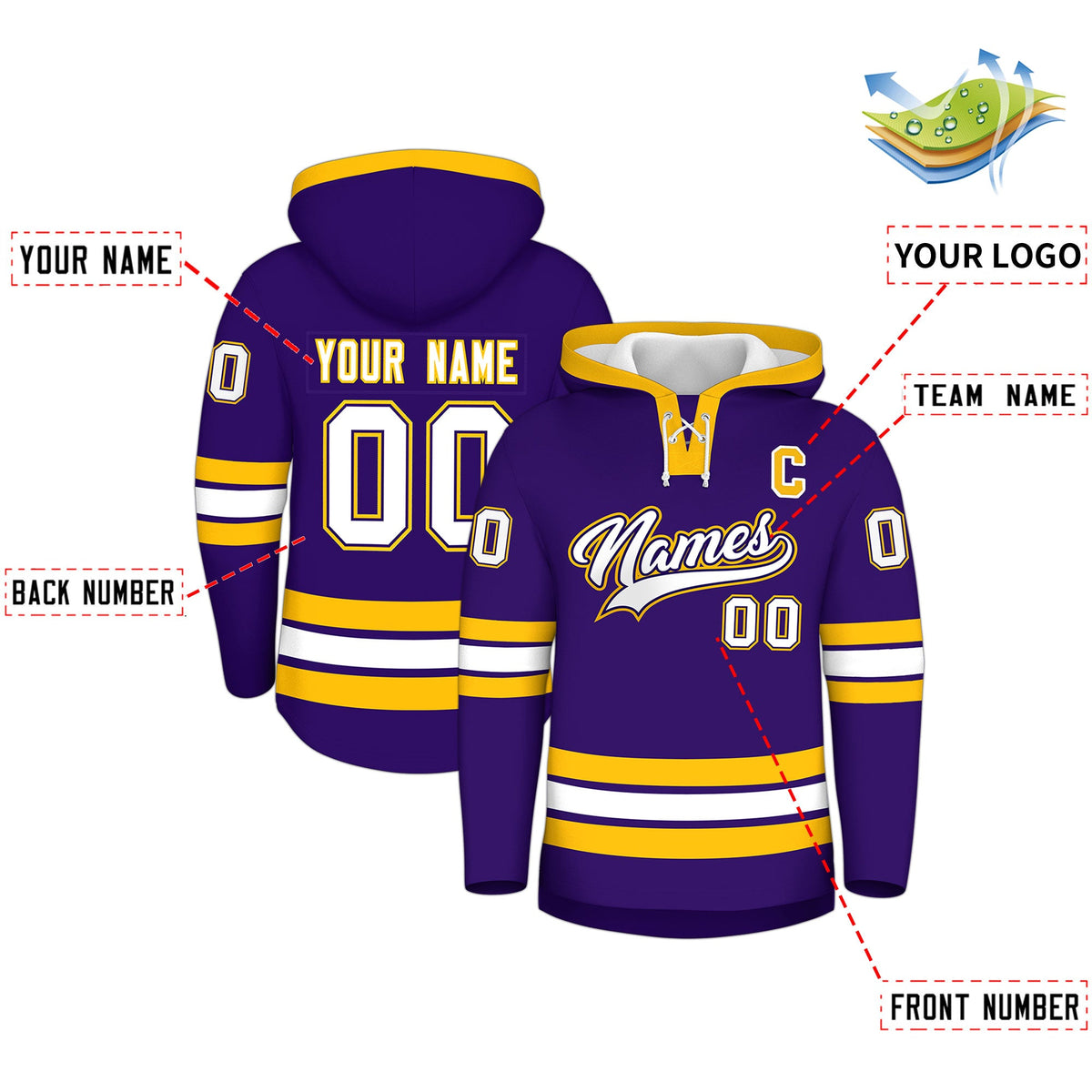 Custom Hockey Hoodie Jersey Purple Gold Classic Style for Men&Youth