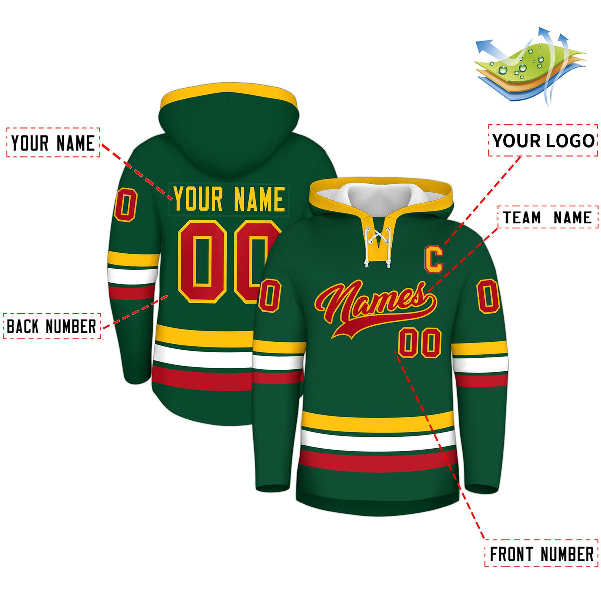 Custom Hockey Hoodie Jersey Dark Green Gold Classic Style Add Name,Number & Logo