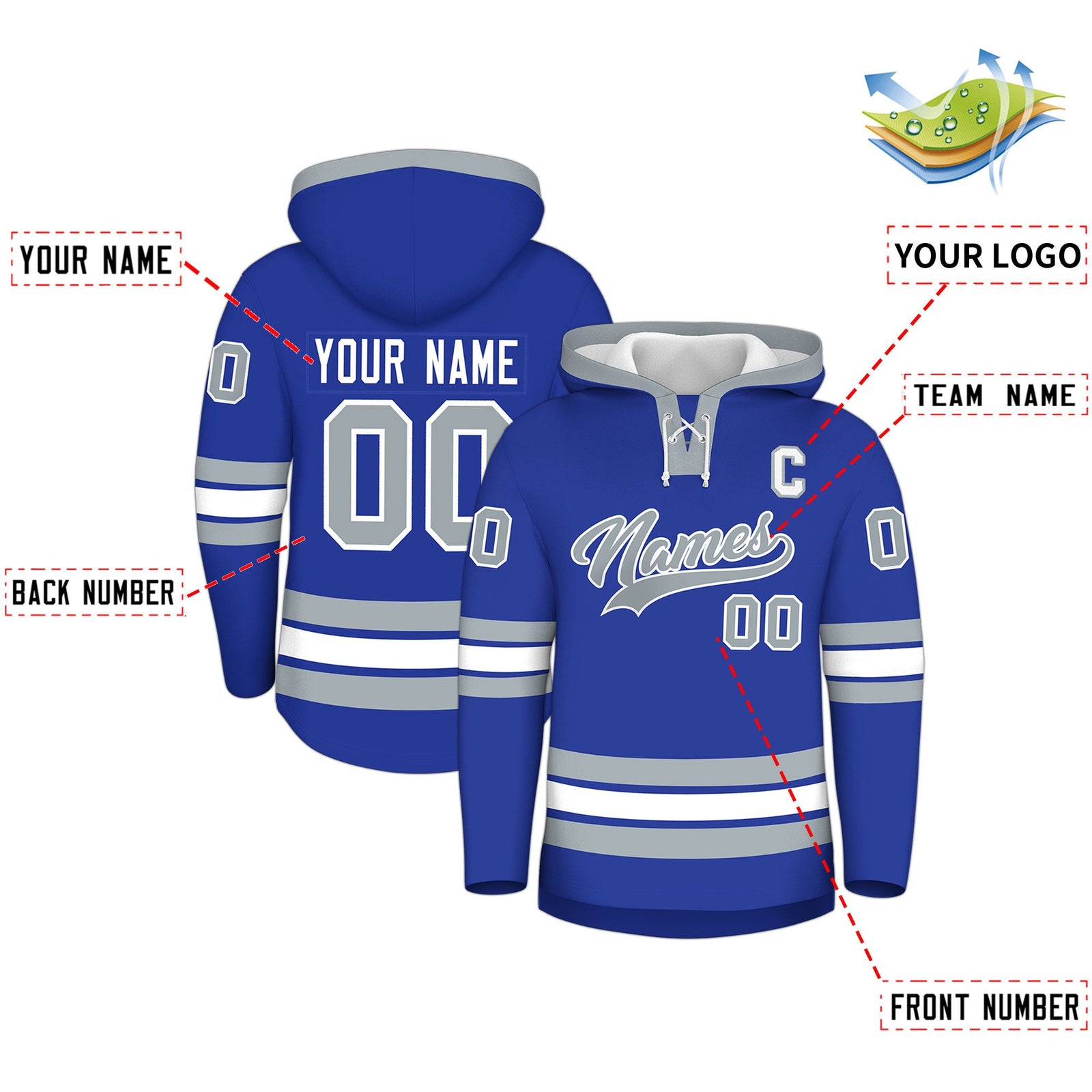 Custom Hockey Hoodie Jersey Royal Blue Silver Classic Style for Men&Youth