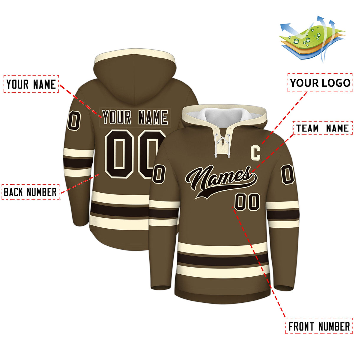 Custom Hockey Hoodie Jersey Light Brown Cream Classic Style Add Name,Number & Logo