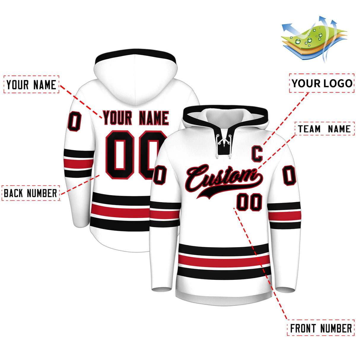 Custom Hockey Hoodie Jersey White Black Classic Style Add Name,Number & Logo