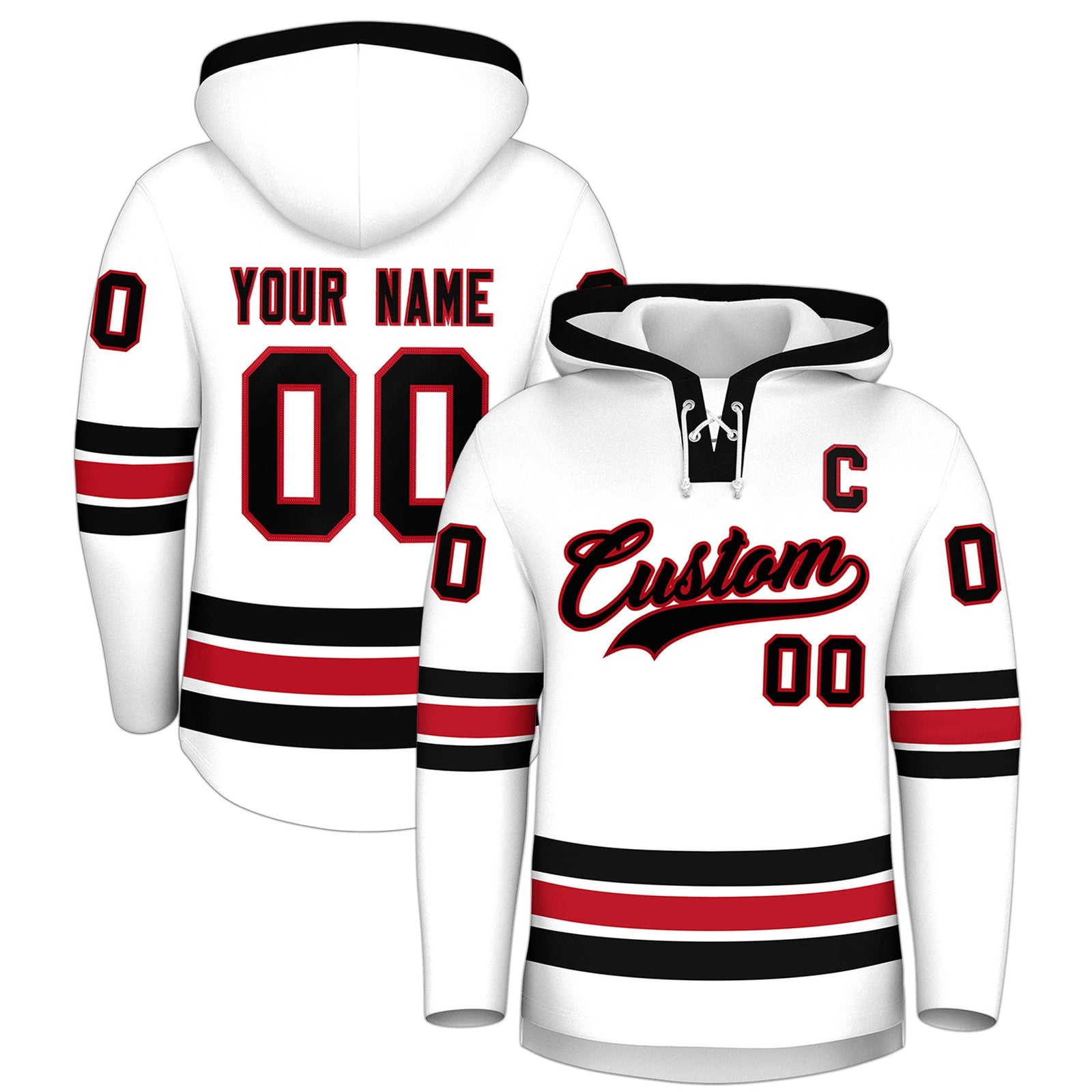 Custom Hockey Hoodie Jersey White Black Classic Style Add Name,Number & Logo
