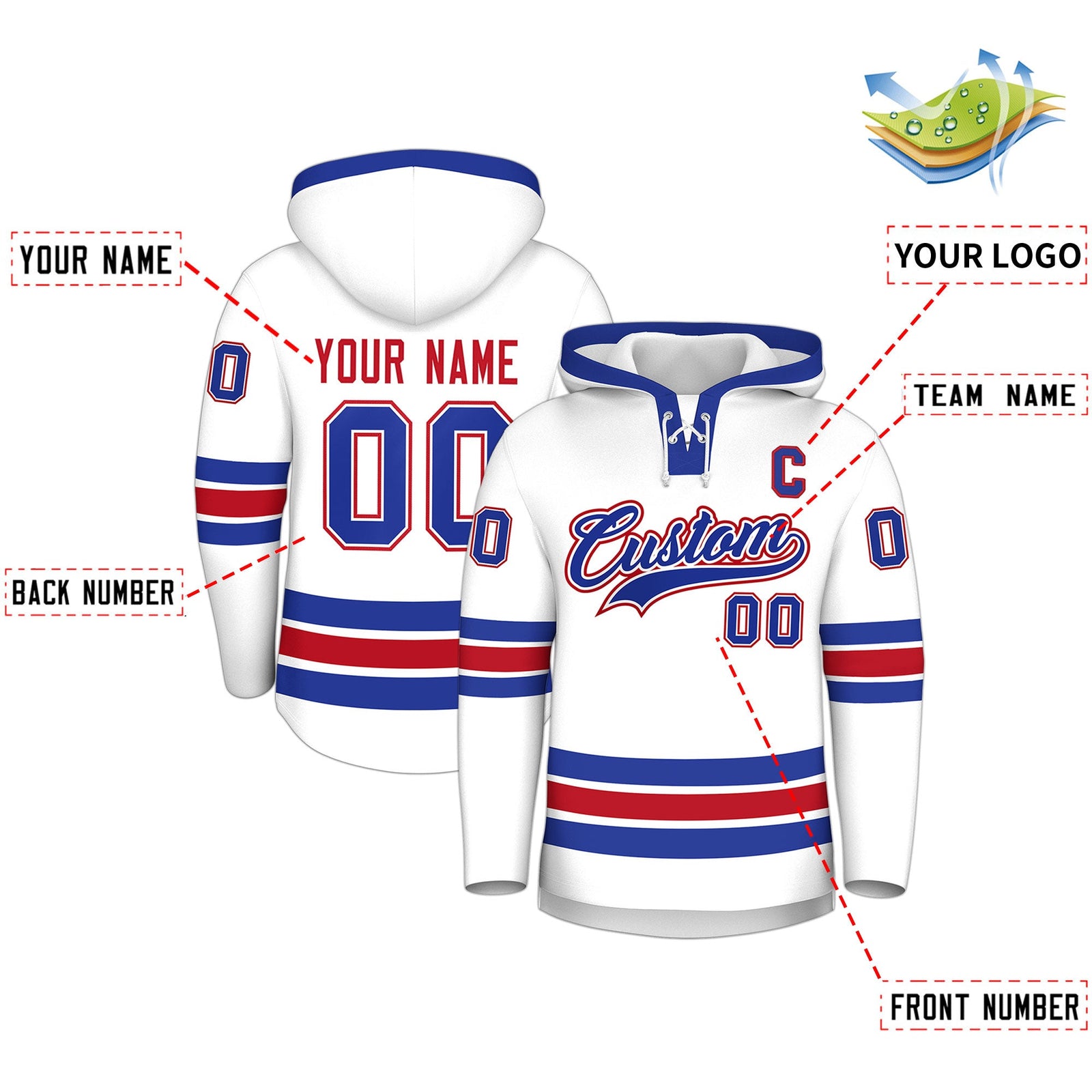 Custom Hockey Hoodie Jersey White Royal Blue Classic Style for Men&Youth