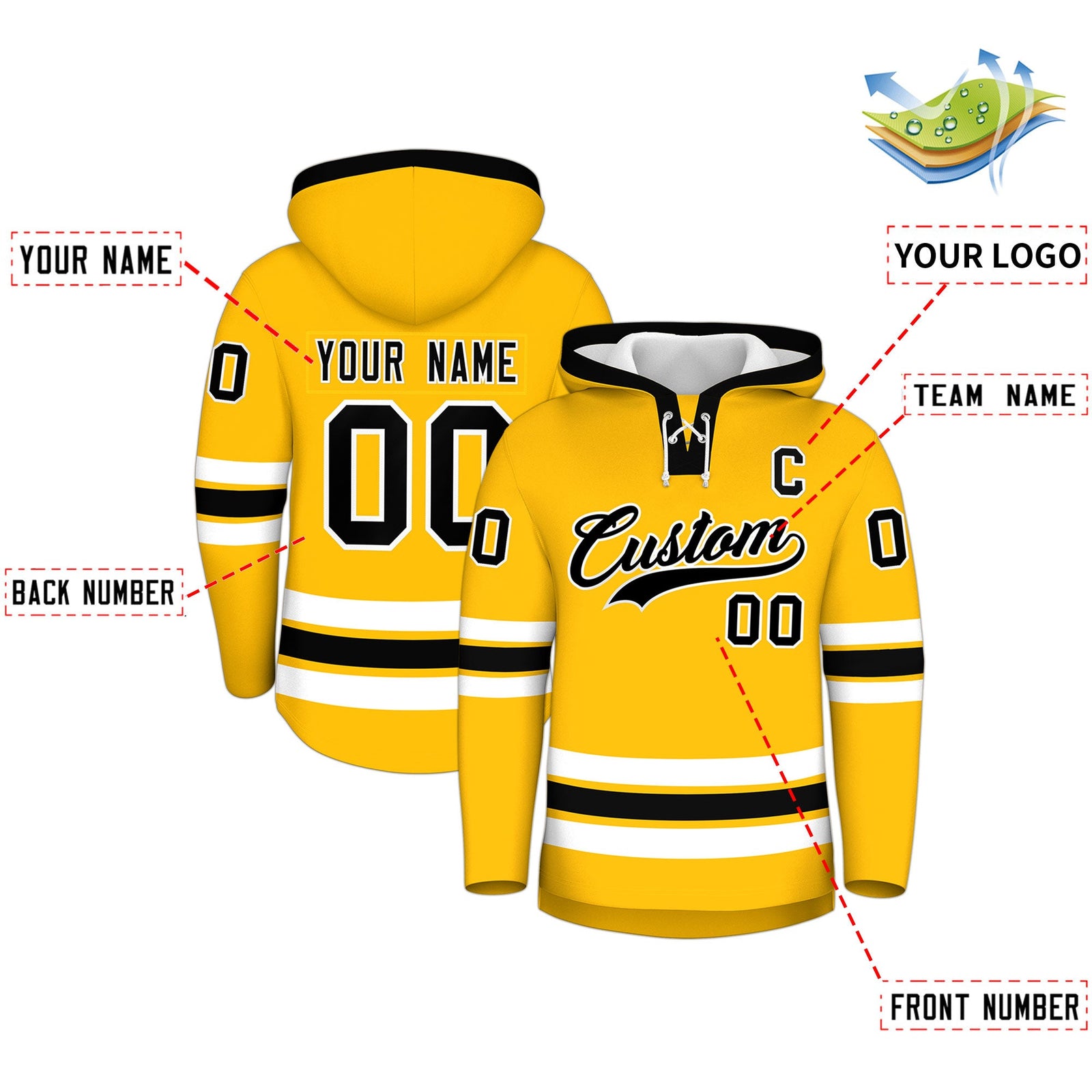 Custom Hockey Hoodie Jersey Gold Black Classic Style Add Name,Number & Logo
