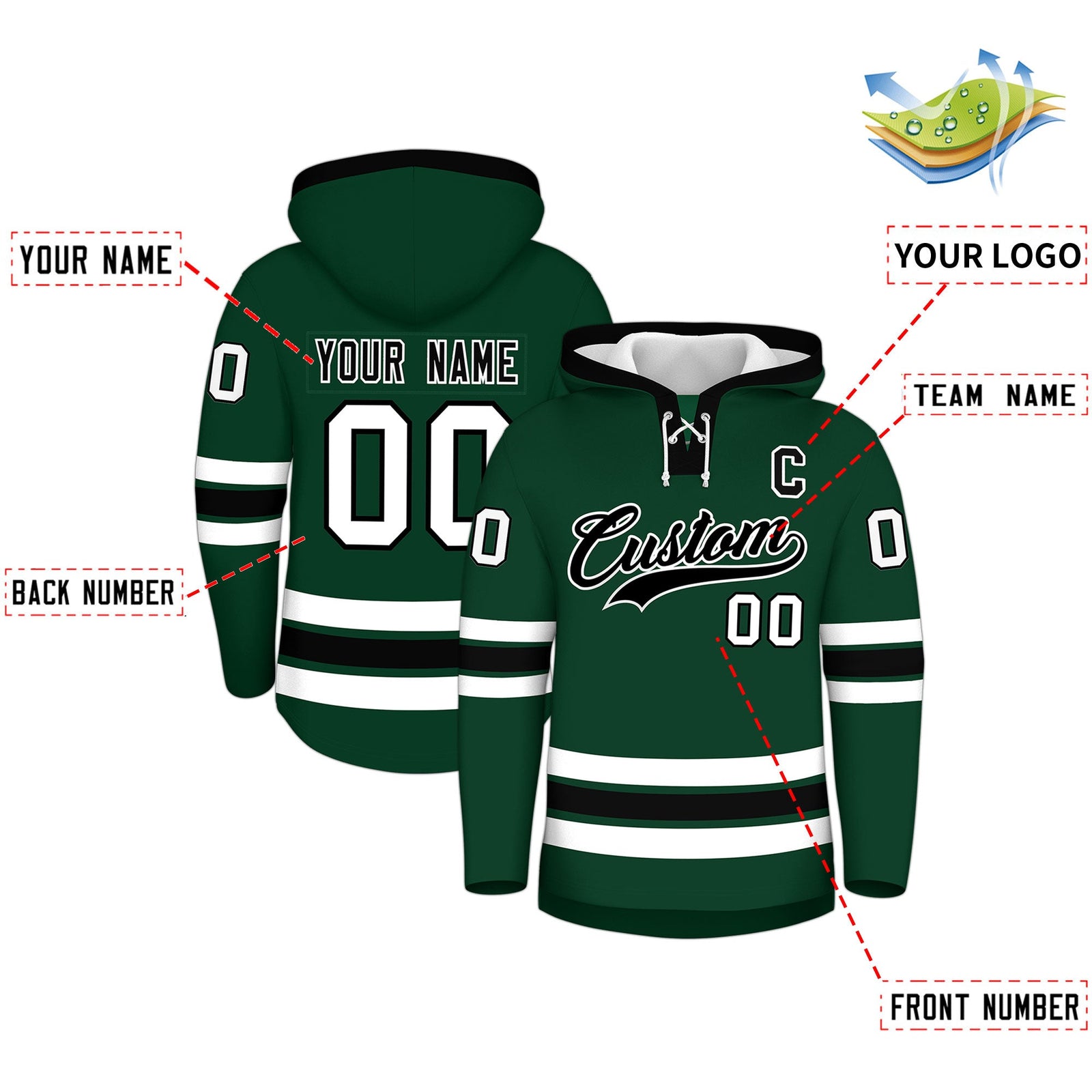 Custom Hockey Hoodie Jersey Dark Green Black Classic Style for Men&Youth
