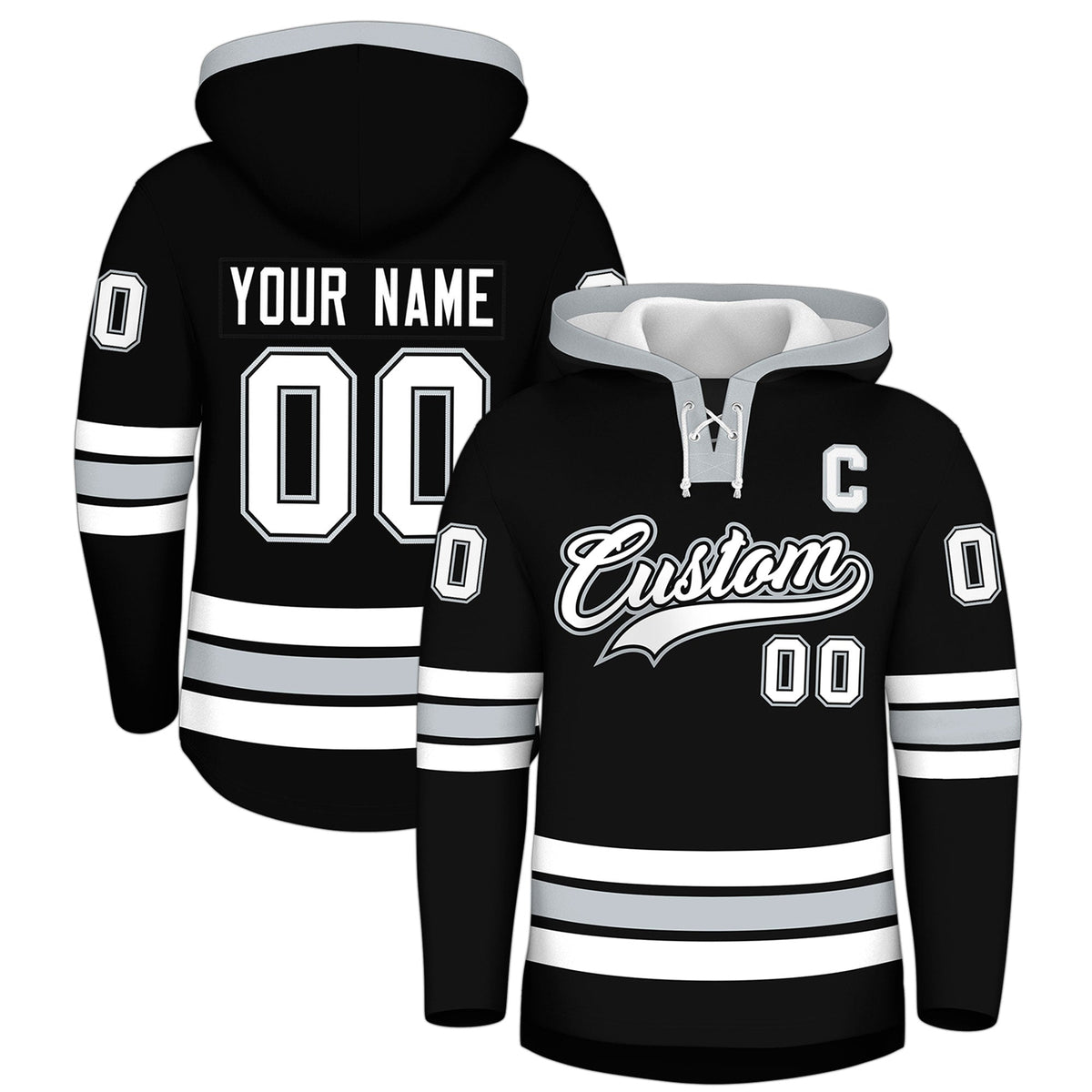 Custom Hockey Hoodie Jersey Black Silver Classic Style for Men&Youth