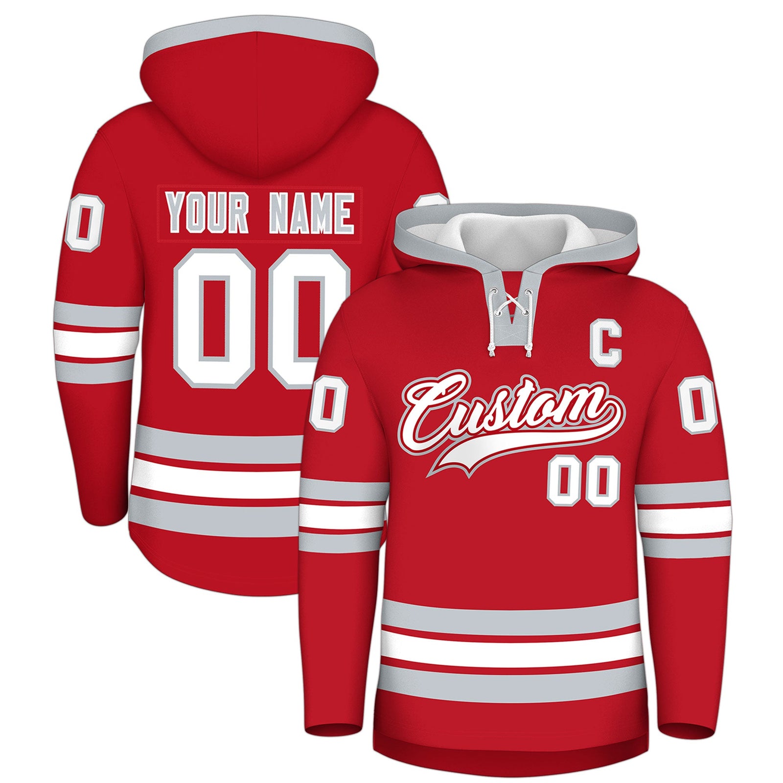 Custom Hockey Hoodie Jersey Red Silver Classic Style Add Name,Number & Logo