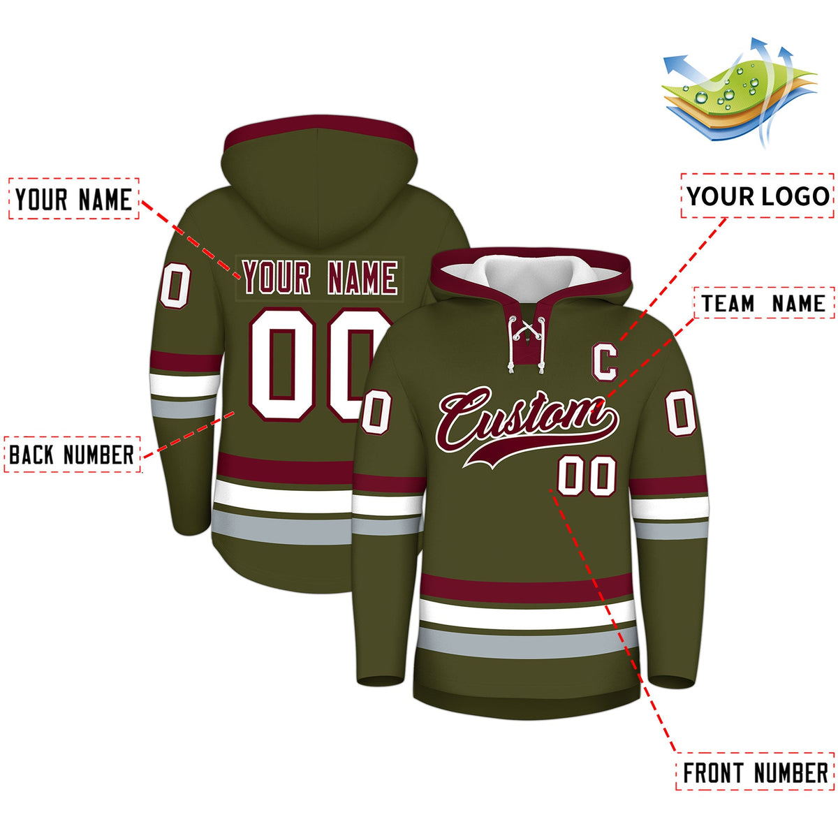 Custom Hockey Hoodie Jersey Olive Crimson Classic Style Add Name,Number & Logo