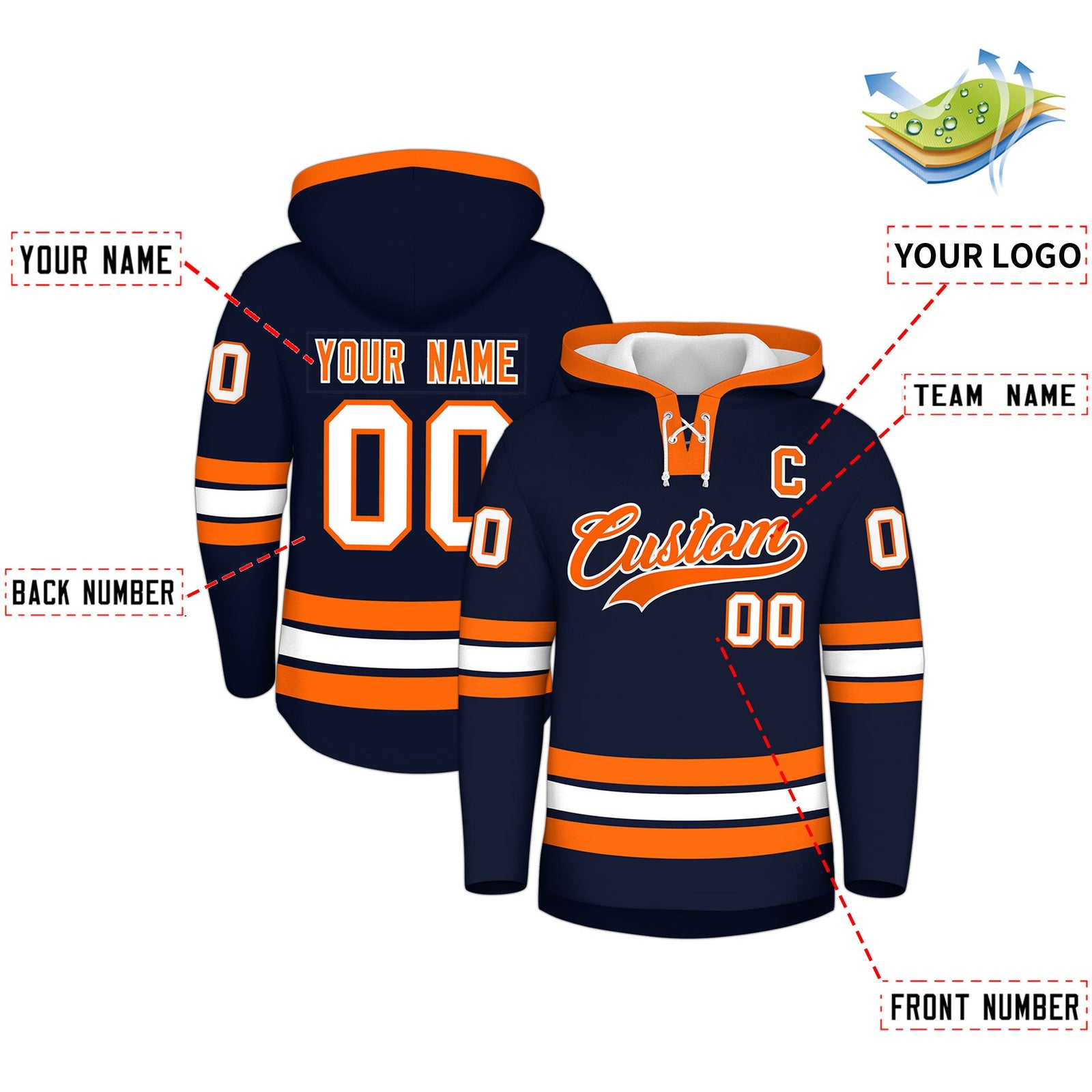 Custom Hockey Hoodie Jersey Navy Orange Classic Style for Men&Youth
