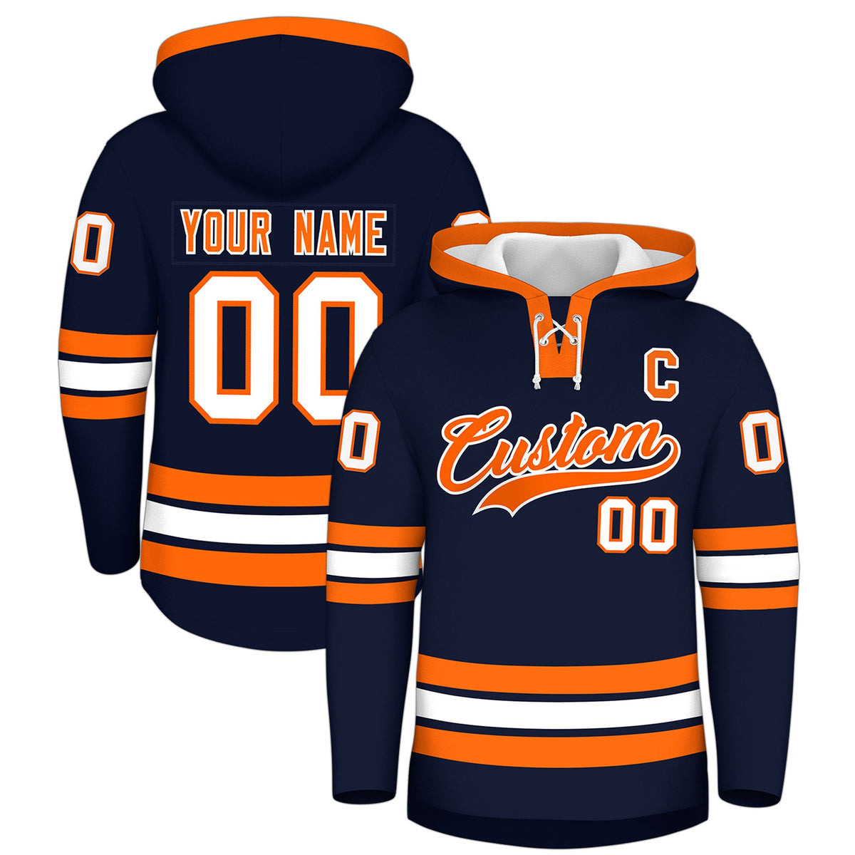 Custom Hockey Hoodie Jersey Navy Orange Classic Style for Men&Youth