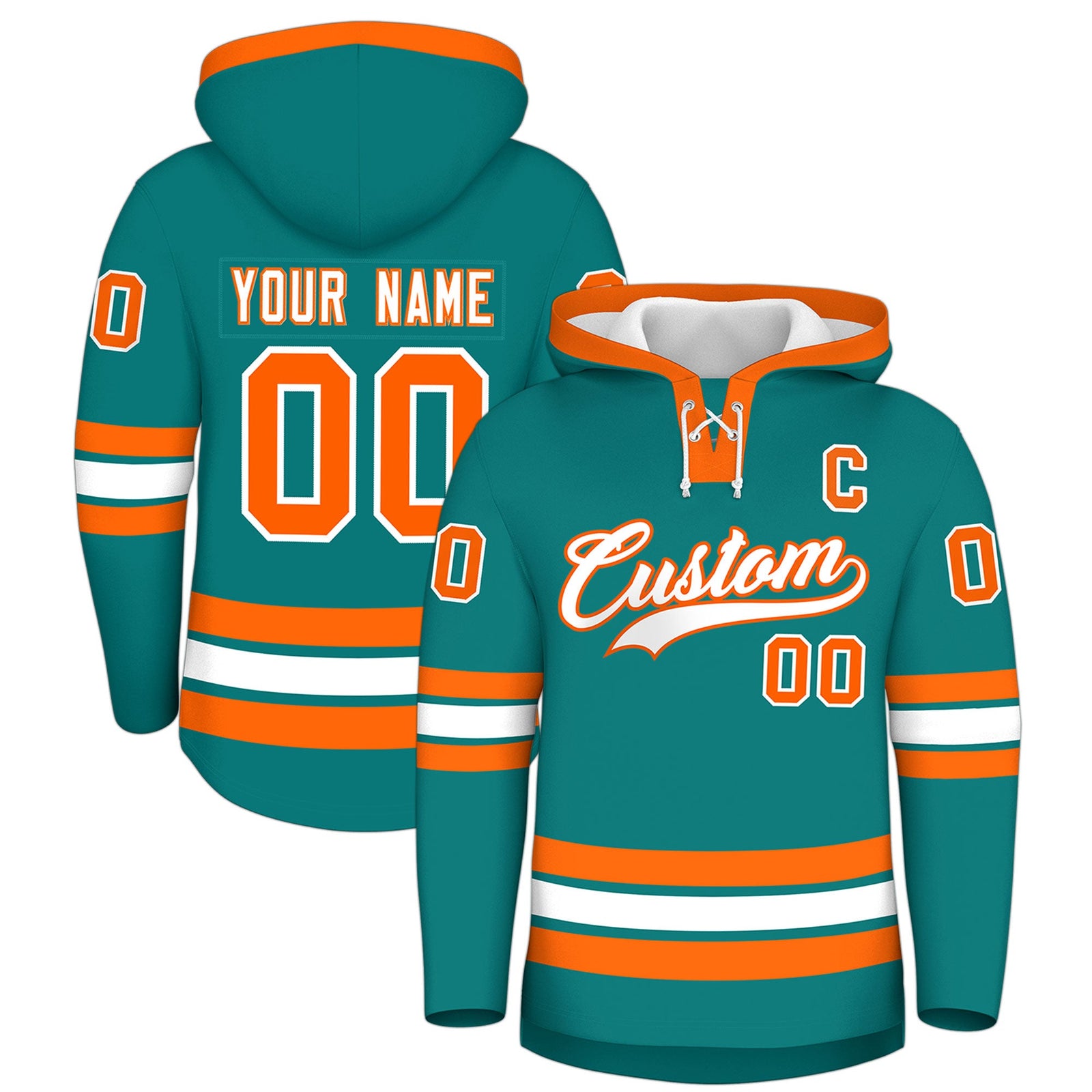 Custom Hockey Hoodie Jersey Teal Orange Classic Style Add Name,Number & Logo