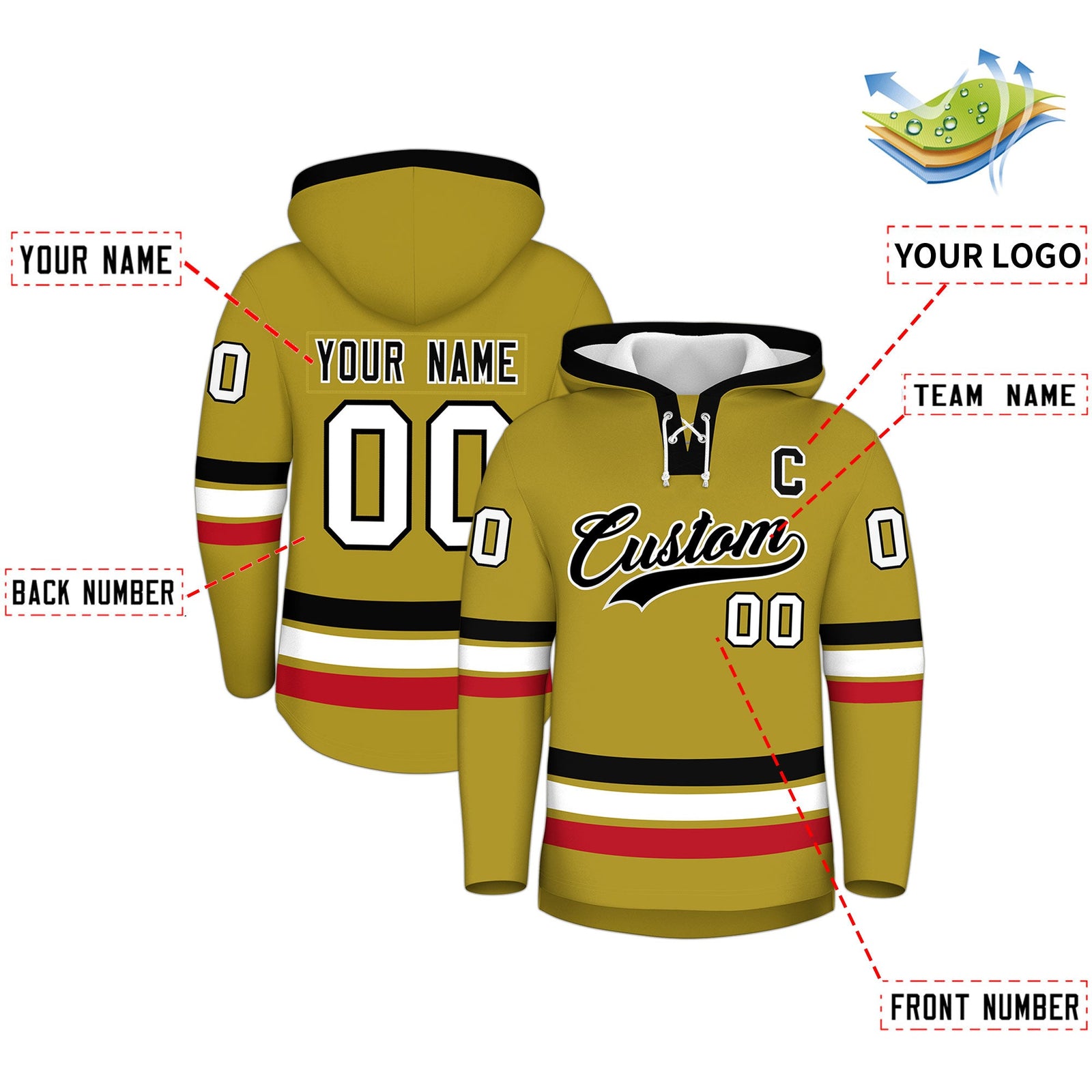 Custom Hockey Hoodie Jersey Old Gold Black Classic Style for Men&Youth