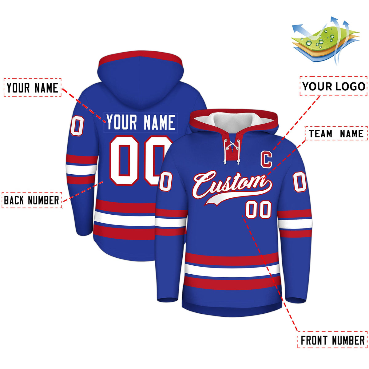 Custom Hockey Hoodie Jersey Royal Blue Red Classic Style Add Name,Number & Logo