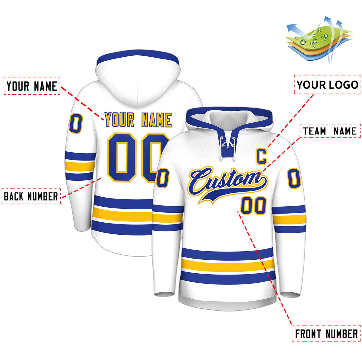 Custom Hockey Hoodie Jersey White Royal Blue Classic Style Add Name,Number & Logo