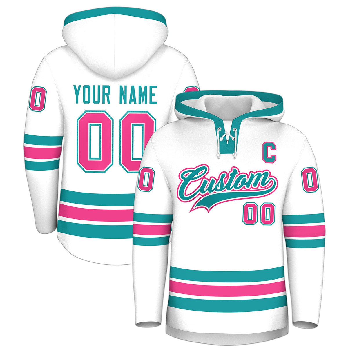 Custom Hockey Hoodie Jersey White Aqua Classic Style for Men&Youth
