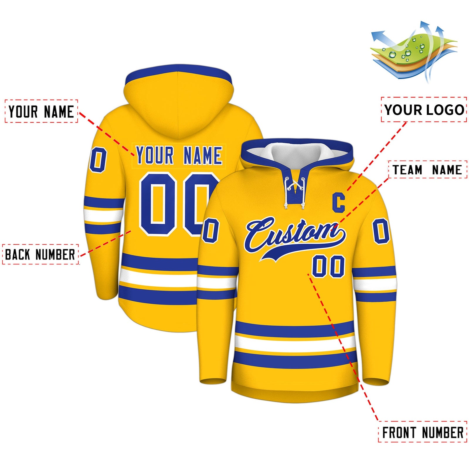 Custom Hockey Hoodie Jersey Gold Royal Blue Classic Style for Men&Youth