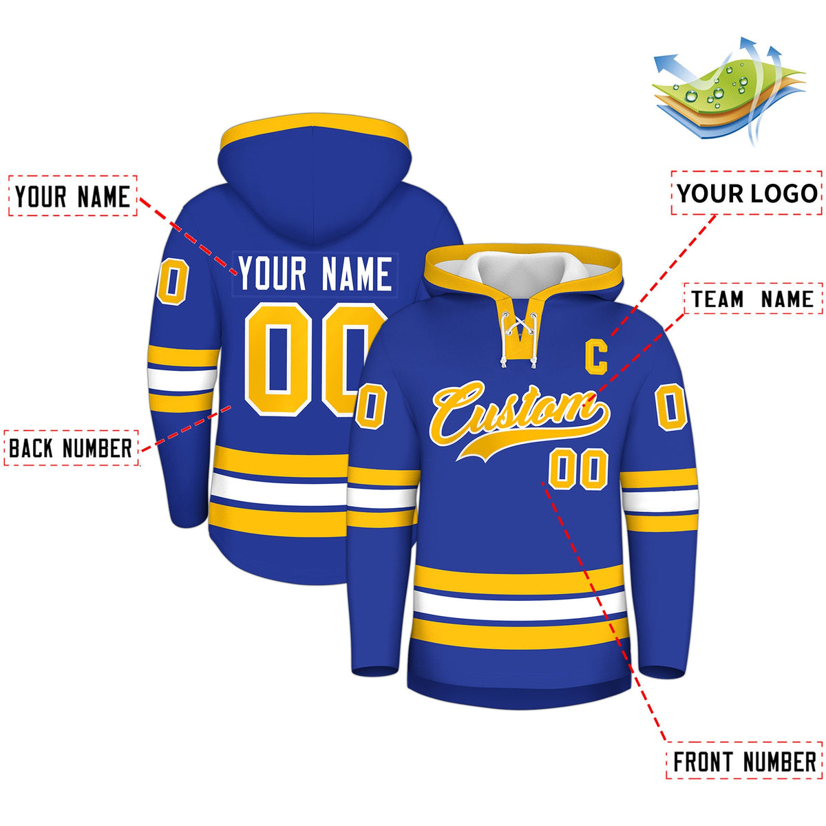 Custom Hockey Hoodie Jersey Royal Blue Gold Classic Style for Men&Youth