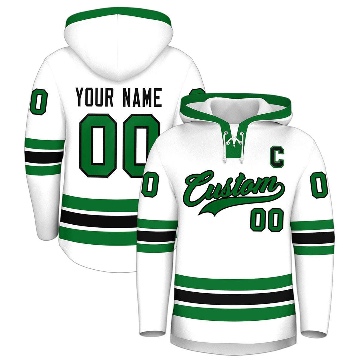 Custom Hockey Hoodie Jersey White Kelly Green Classic Style Add Name,Number & Logo