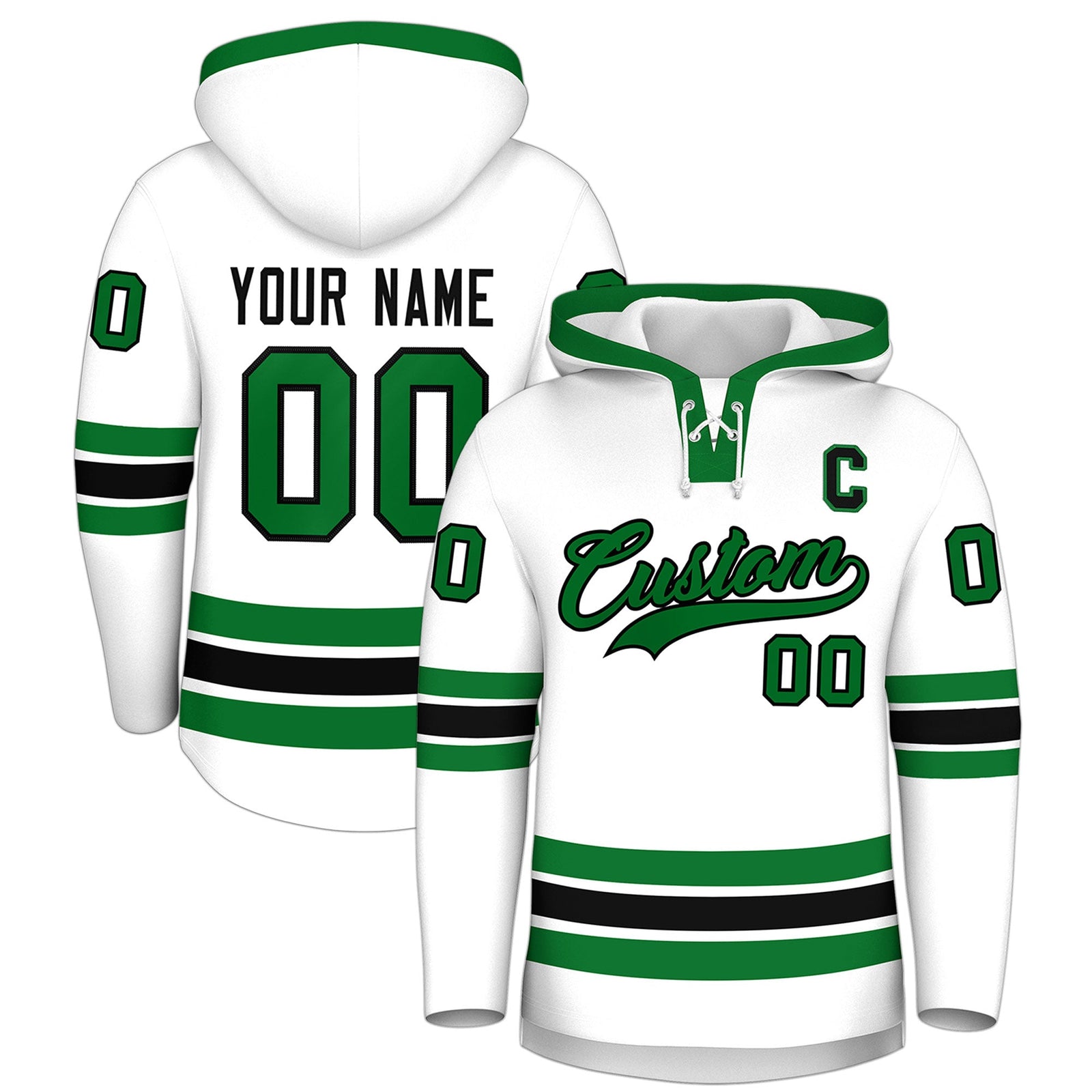 Custom Hockey Hoodie Jersey White Kelly Green Classic Style Add Name,Number & Logo