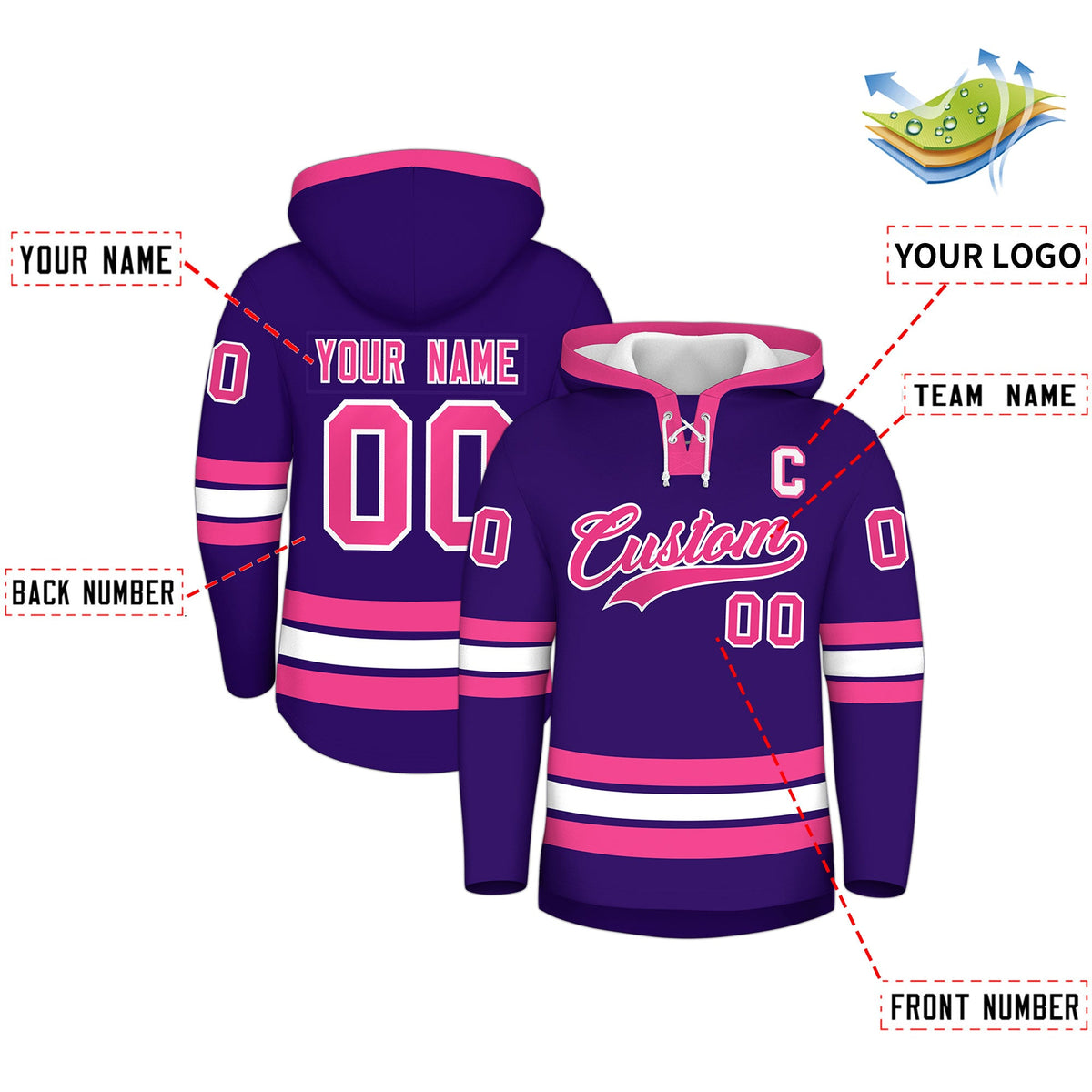 Custom Hockey Hoodie Jersey Purple Pink Classic Style for Men&Youth