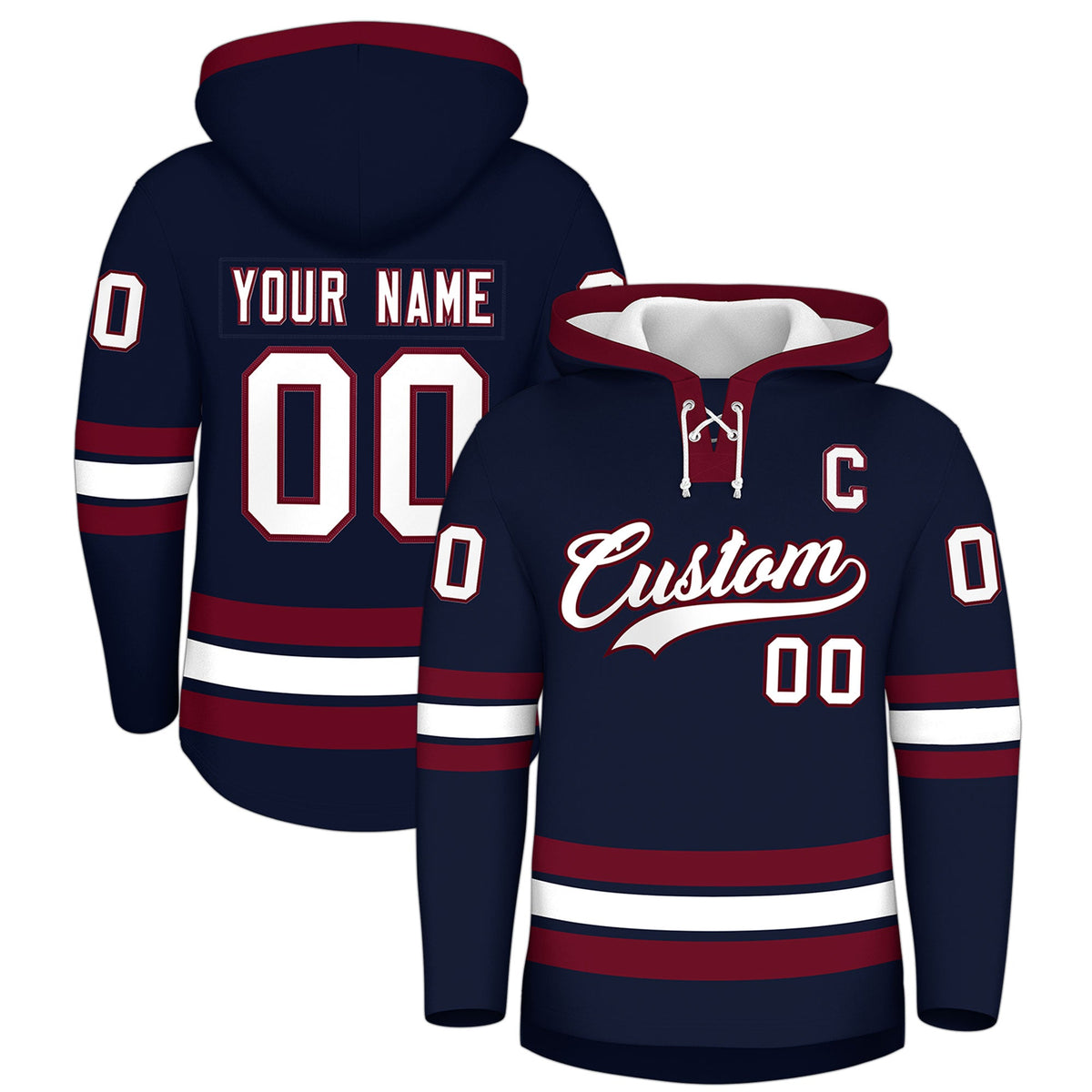 Custom Hockey Hoodie Jersey Navy Crimson Classic Style Add Name,Number & Logo
