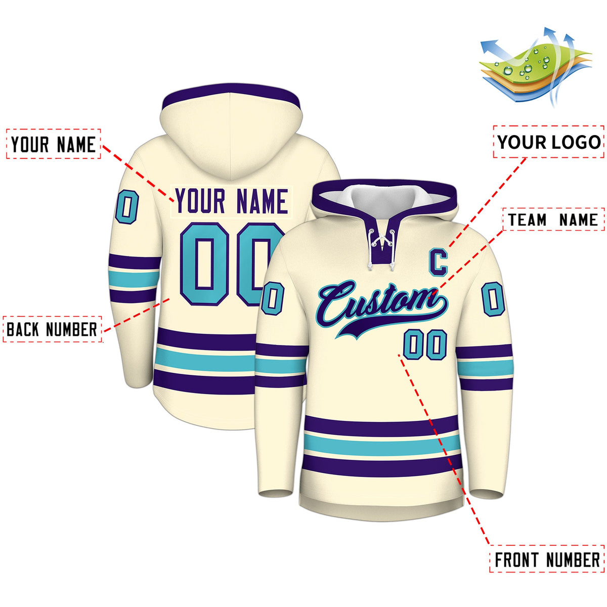 Custom Hockey Hoodie Jersey Cream Purple Classic Style for Men&Youth