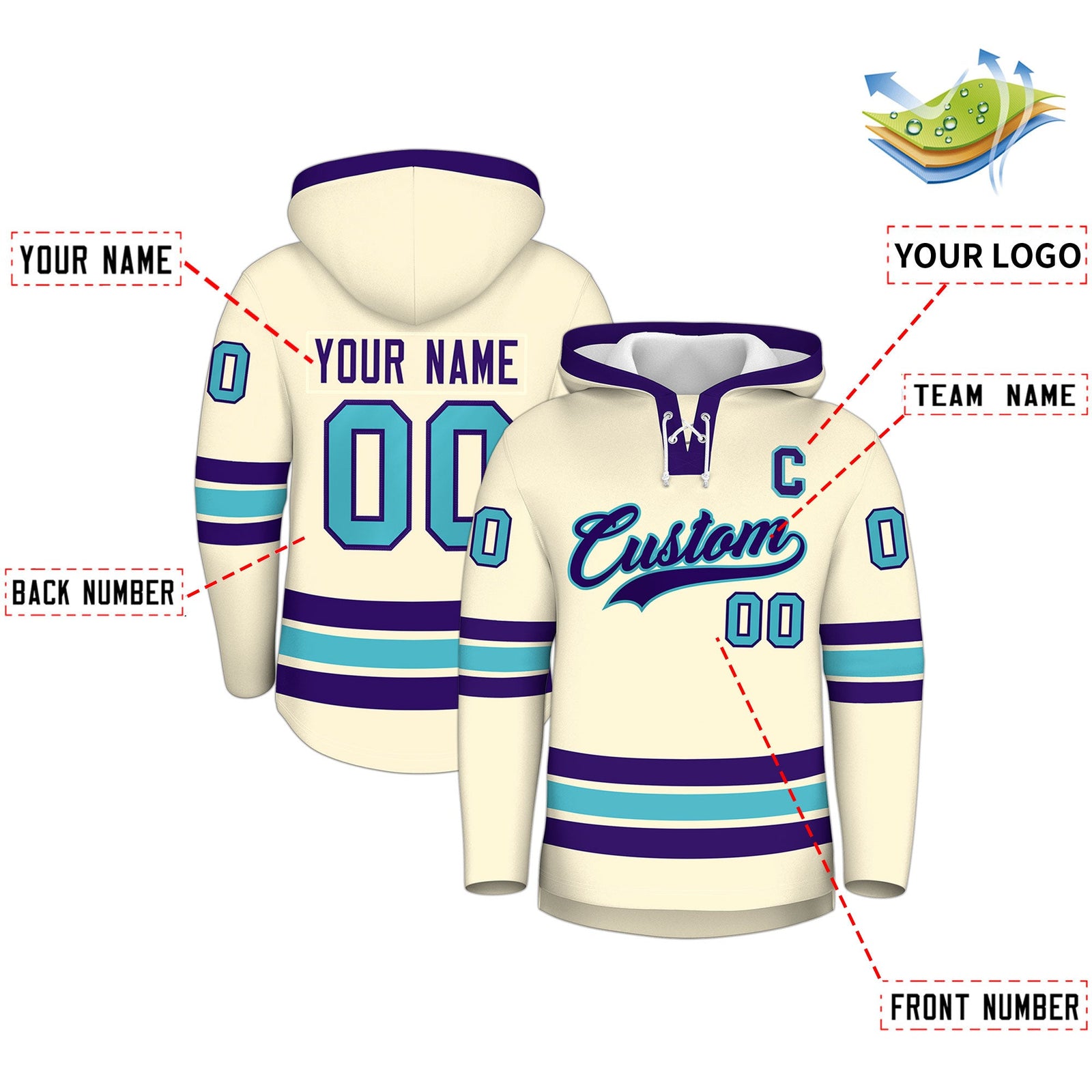 Custom Hockey Hoodie Jersey Cream Purple Classic Style for Men&Youth