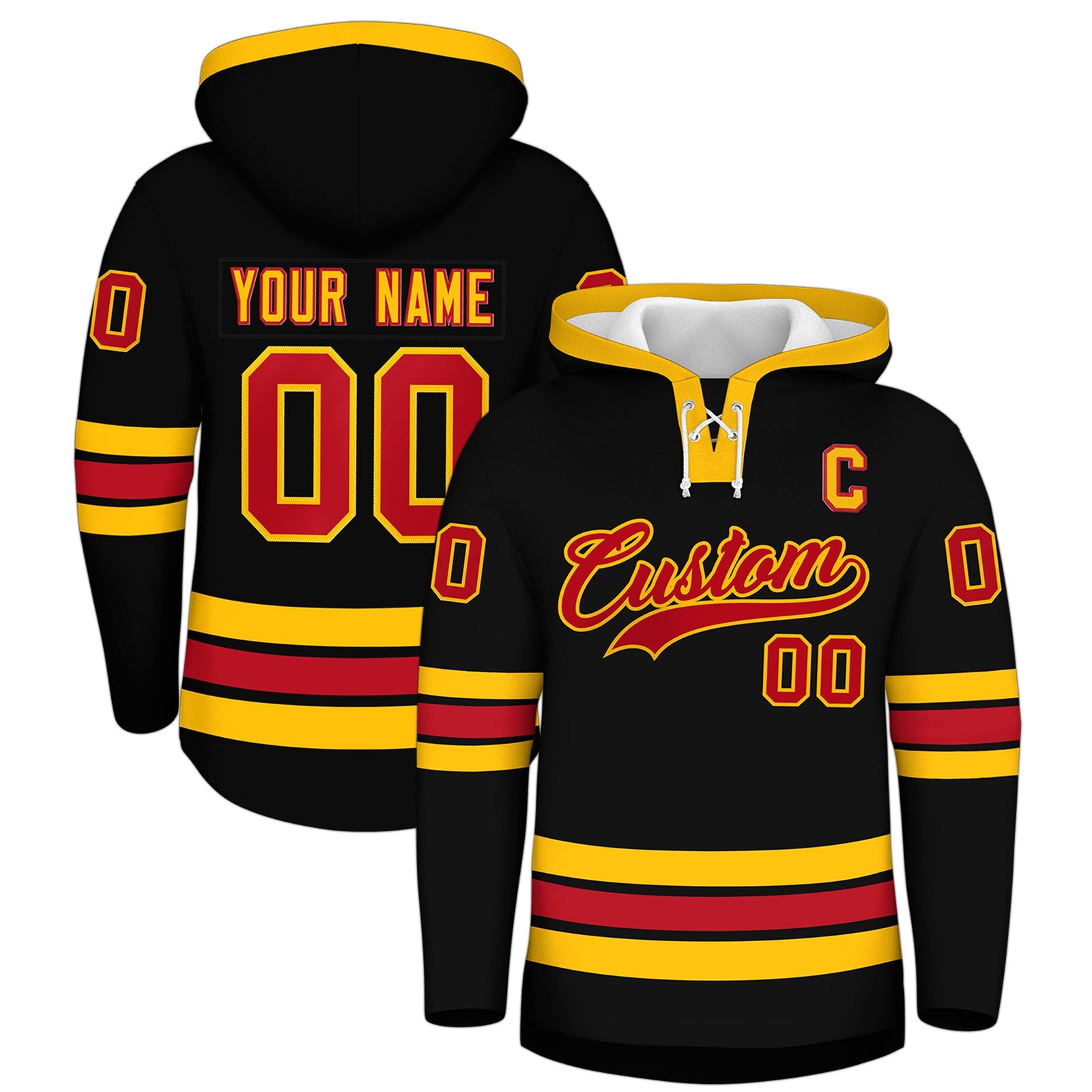 Custom Hockey Hoodie Jersey Black Red Classic Style Add Name,Number & Logo
