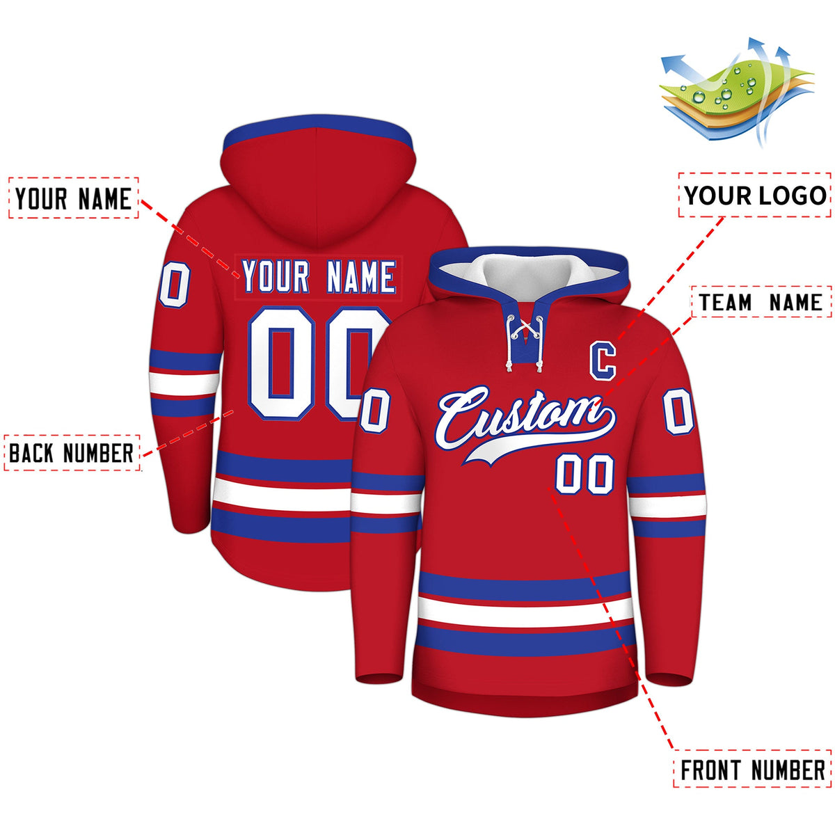 Custom Hockey Hoodie Jersey Red Royal Blue Classic Style Add Name,Number & Logo