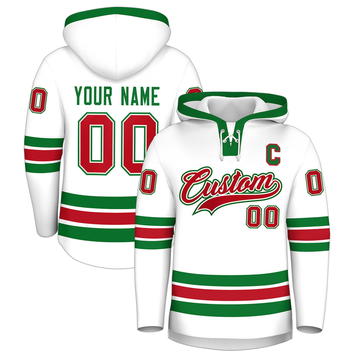 Custom Hockey Hoodie Jersey White Kelly Green Classic Style Add Name,Number & Logo