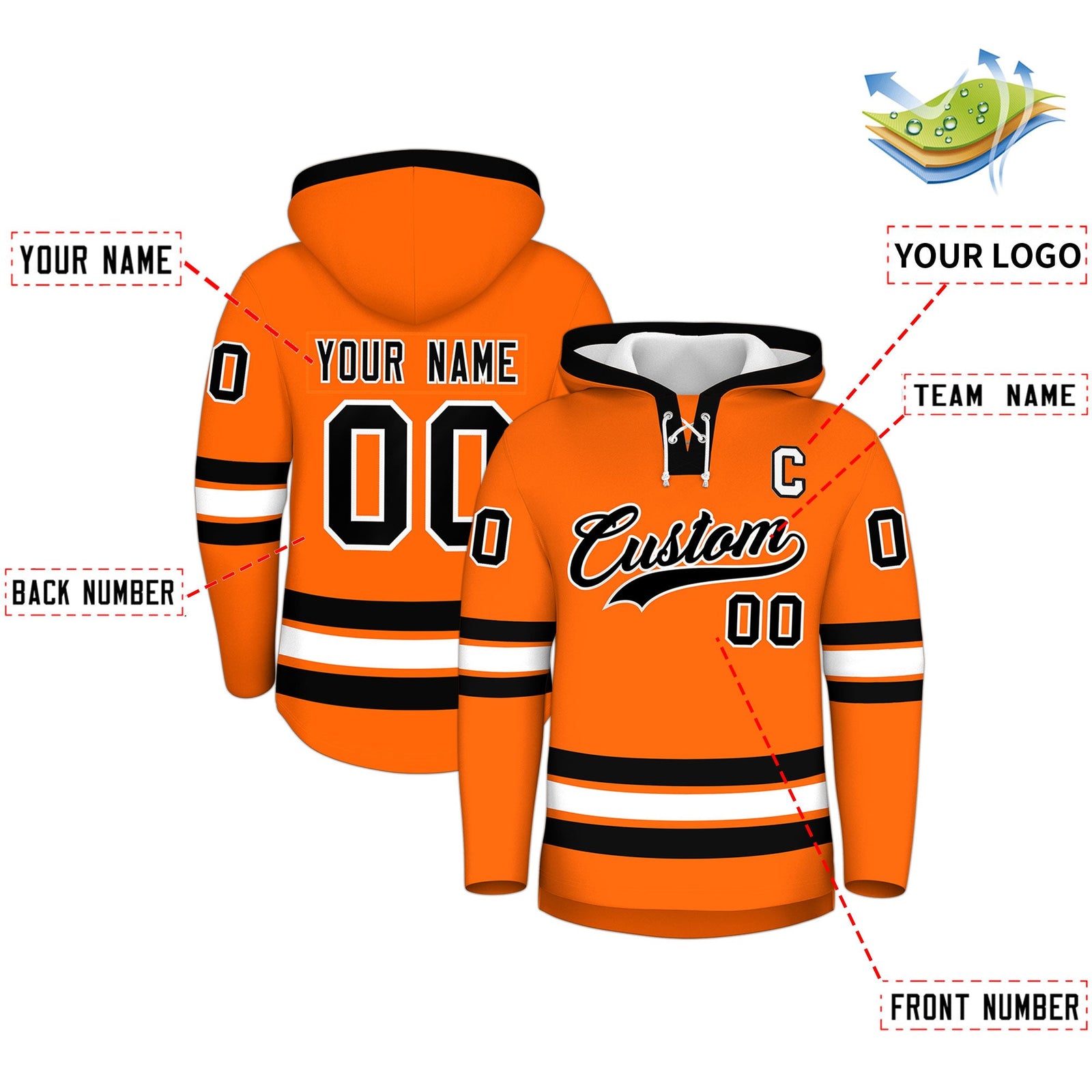Custom Hockey Hoodie Jersey Orange Black Classic Style for Men&Youth