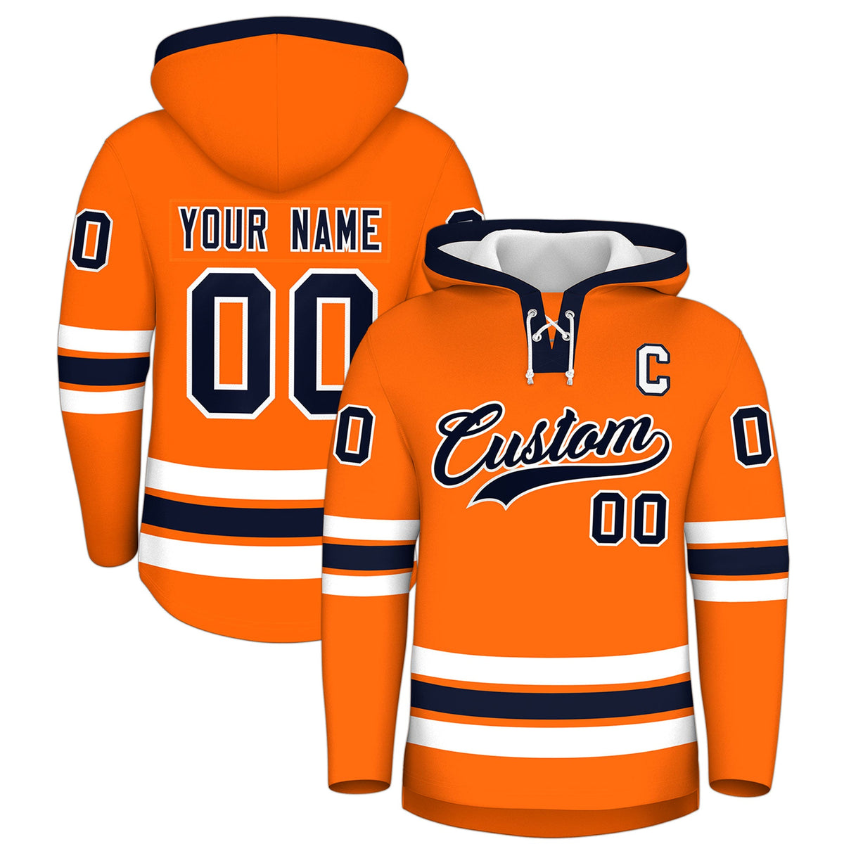 Custom Hockey Hoodie Jersey Orange Navy Classic Style Add Name,Number & Logo