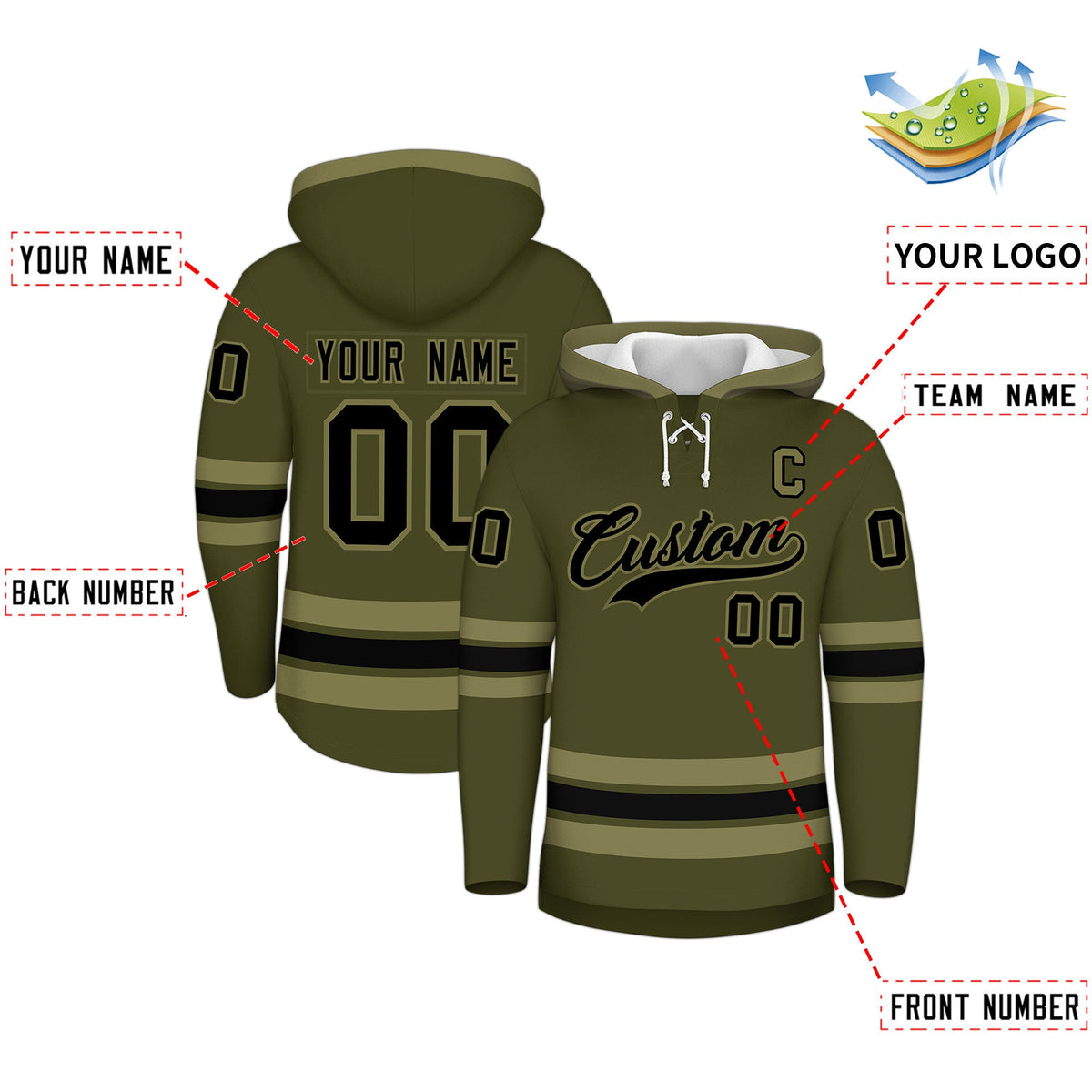 Custom Hockey Hoodie Jersey Olive Black Classic Style Add Name,Number & Logo