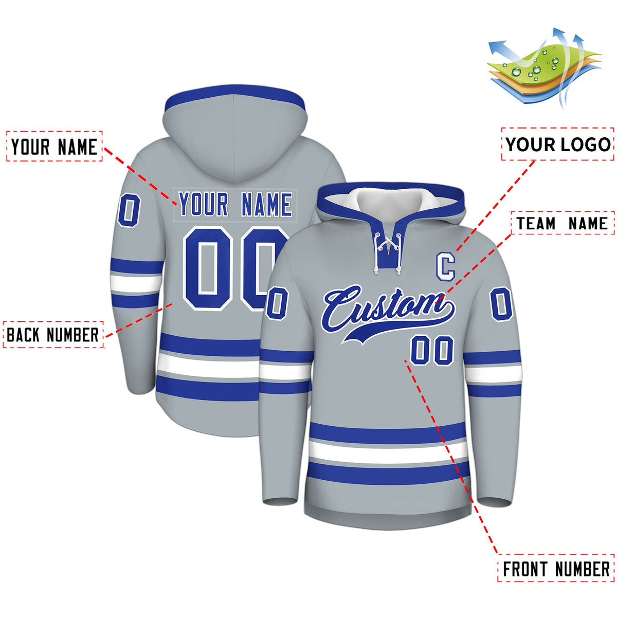 Custom Hockey Hoodie Jersey Silver Royal Blue Classic Style Add Name,Number & Logo