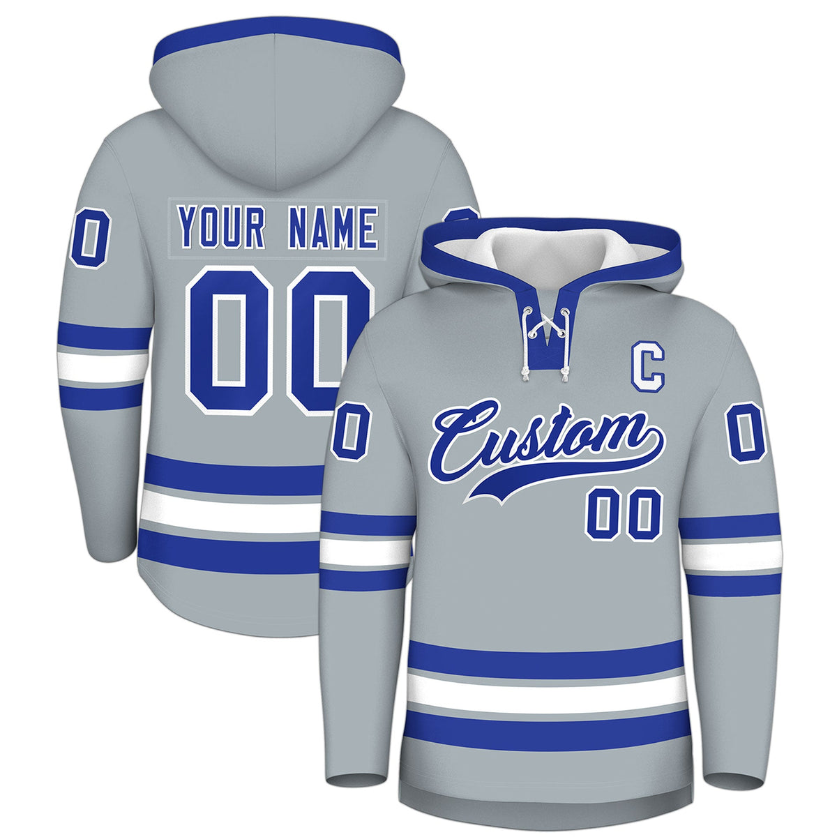 Custom Hockey Hoodie Jersey Silver Royal Blue Classic Style Add Name,Number & Logo
