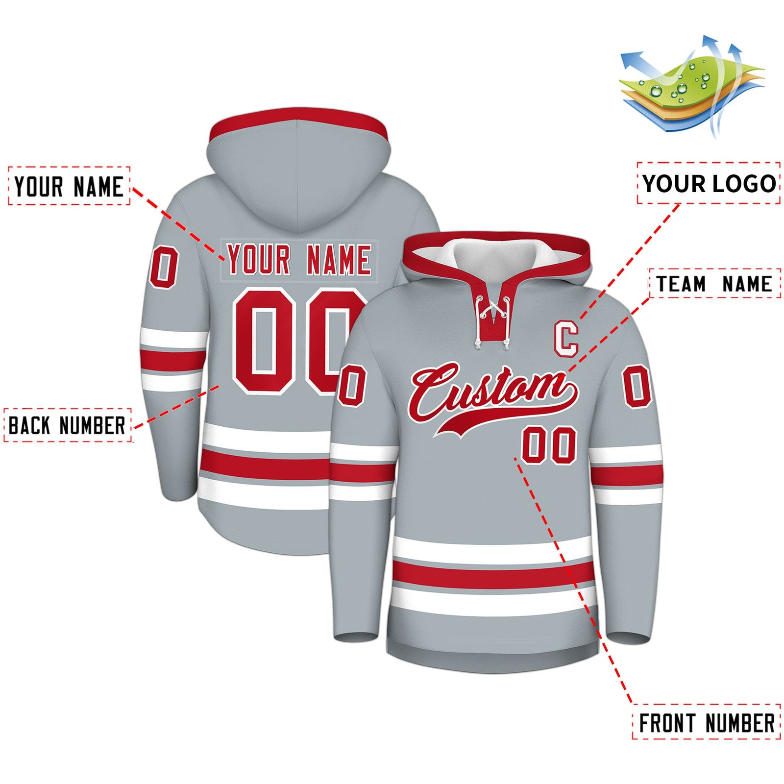 Custom Hockey Hoodie Jersey Silver Red Classic Style for Men&Youth