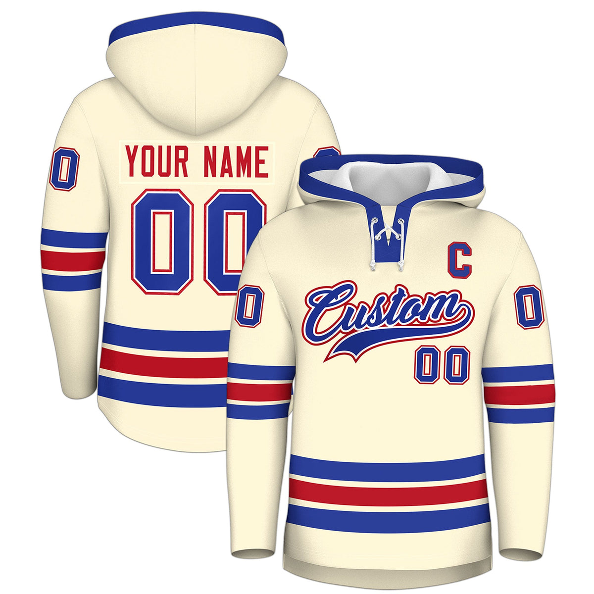 Custom Hockey Hoodie Jersey Cream Royal Blue Classic Style Add Name,Number & Logo