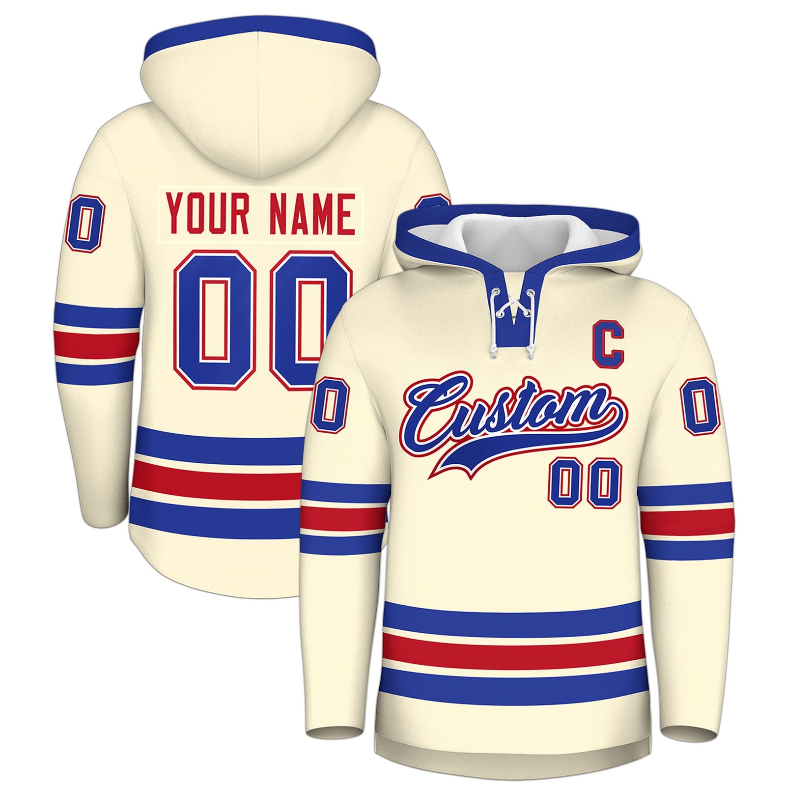 Custom Hockey Hoodie Jersey Cream Royal Blue Classic Style Add Name,Number & Logo