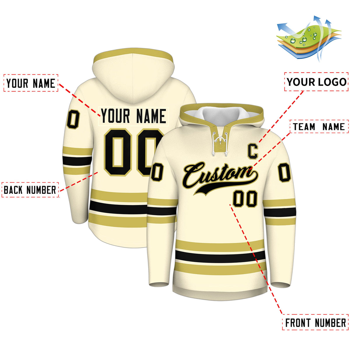 Custom Hockey Hoodie Jersey Cream Old Gold Classic Style for Men&Youth