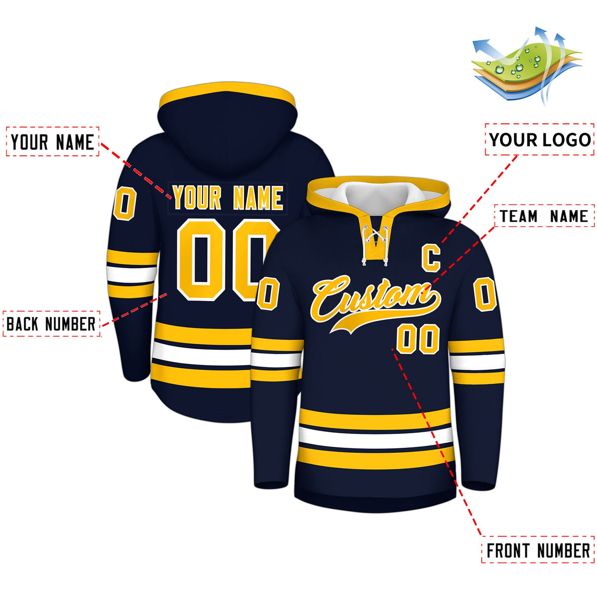 Custom Hockey Hoodie Jersey Navy White Classic Style Add Name,Number & Logo