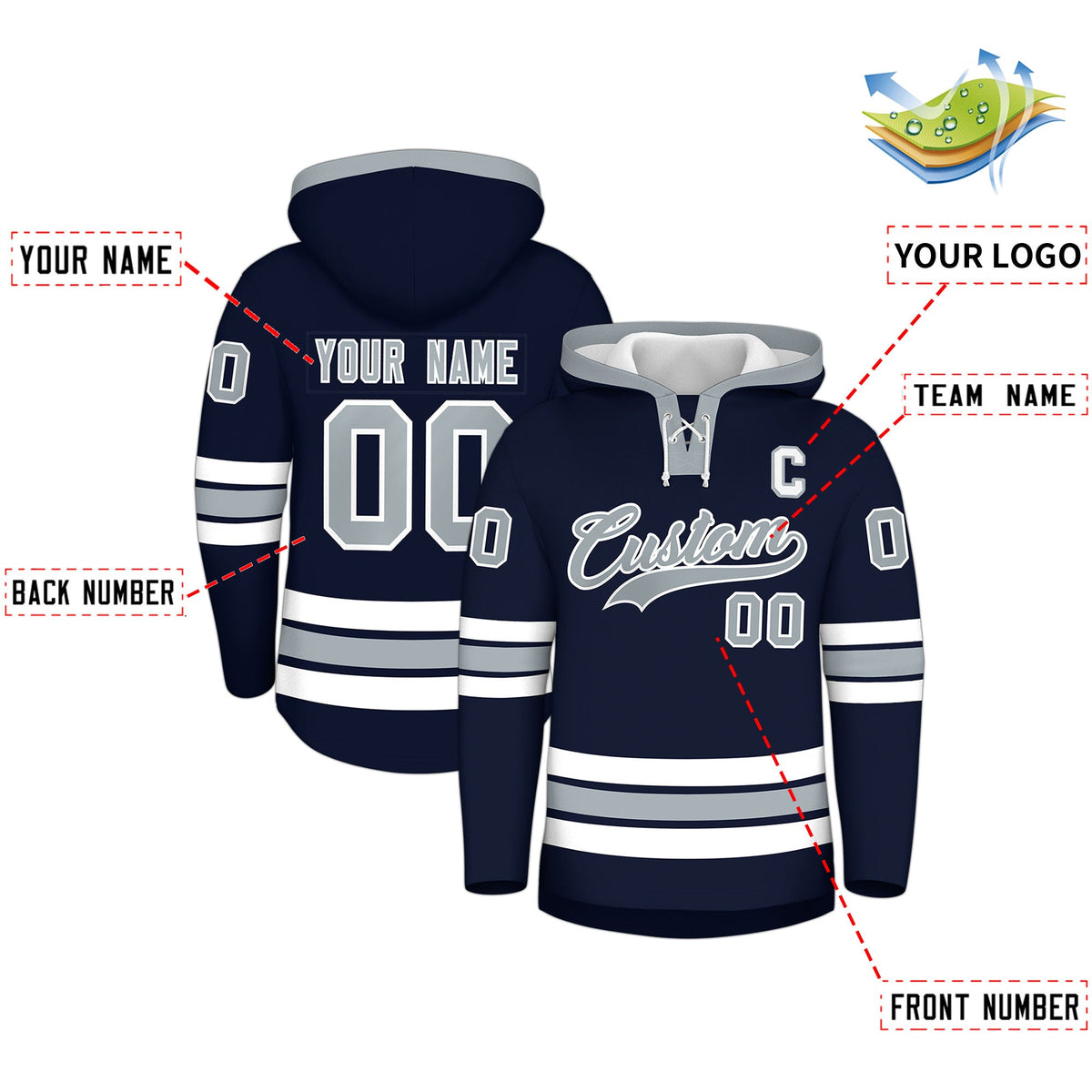 Custom Hockey Hoodie Jersey Navy Silver Classic Style Add Name,Number & Logo
