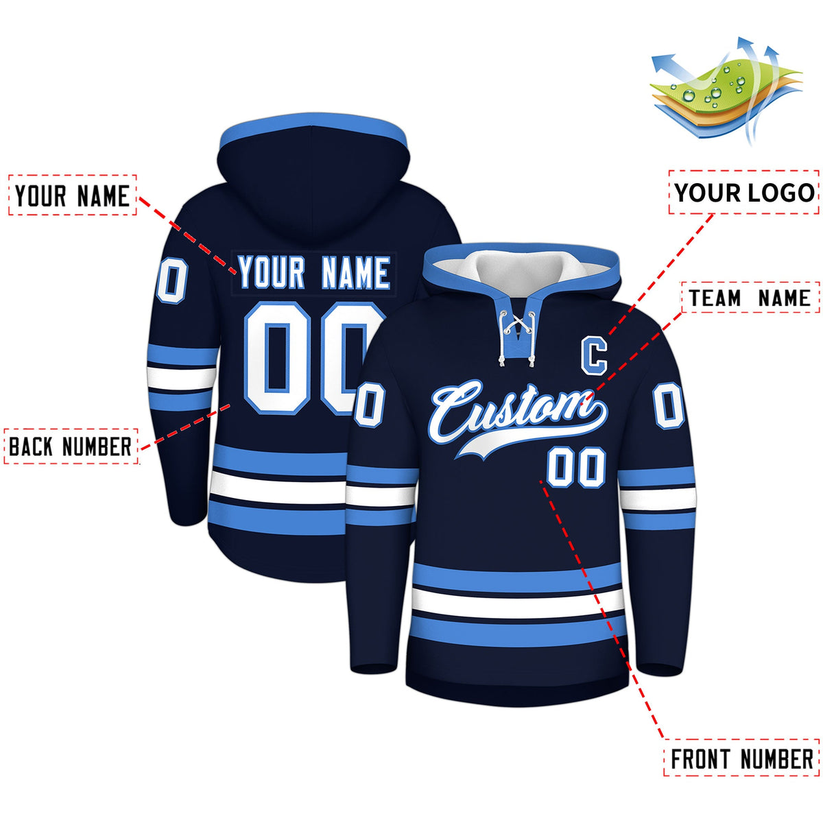Custom Hockey Hoodie Jersey Navy Powder Blue Classic Style for Men&Youth