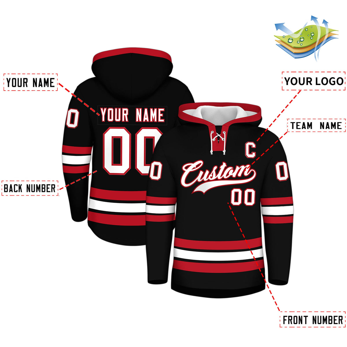 Custom Hockey Hoodie Jersey Black Red Classic Style Add Name,Number & Logo
