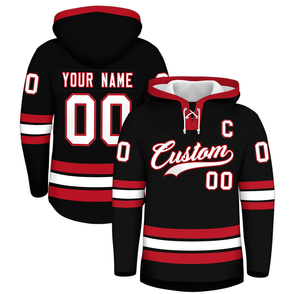 Custom Hockey Hoodie Jersey Black Red Classic Style Add Name,Number & Logo