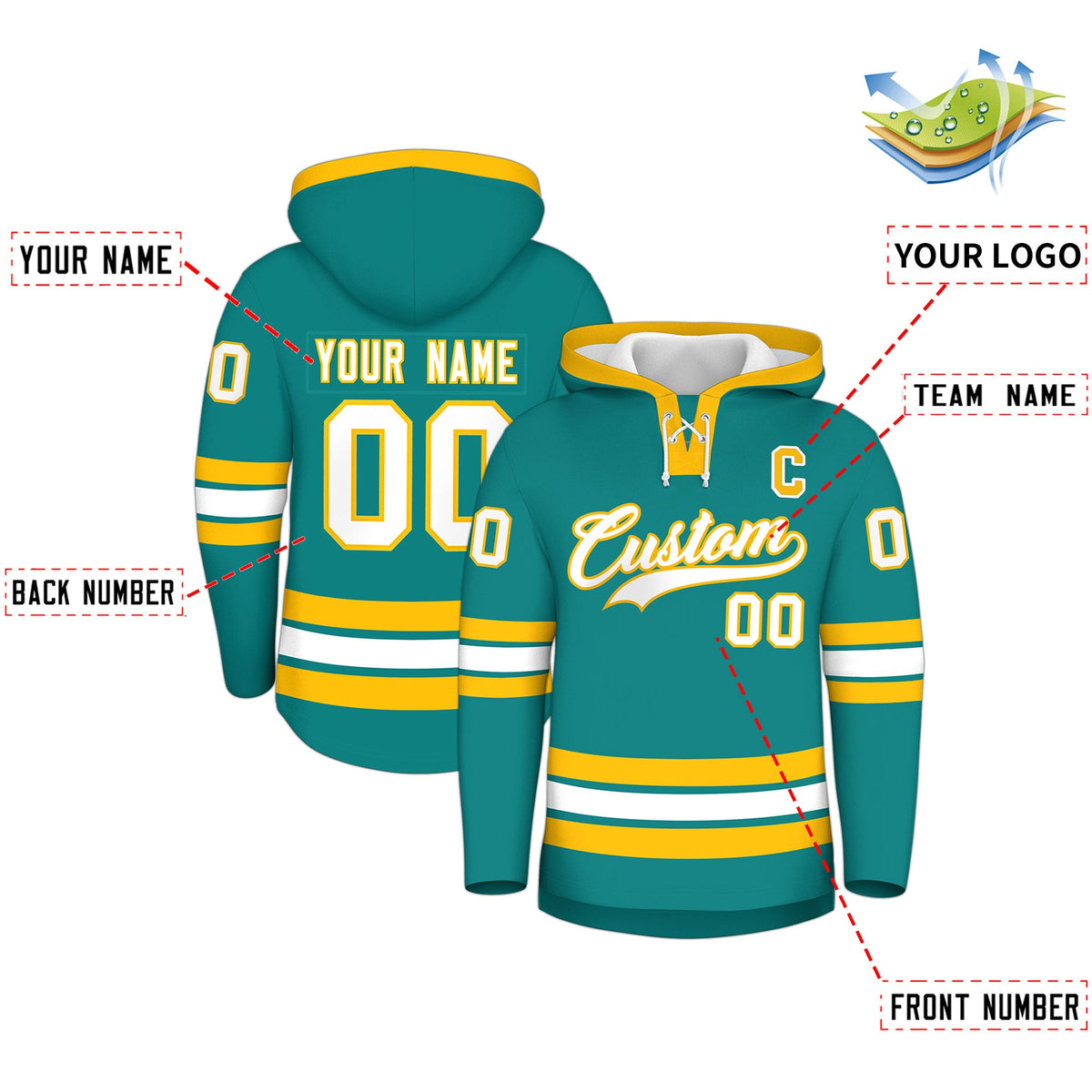 Custom Hockey Hoodie Jersey Teal Gold Classic Style Add Name,Number & Logo