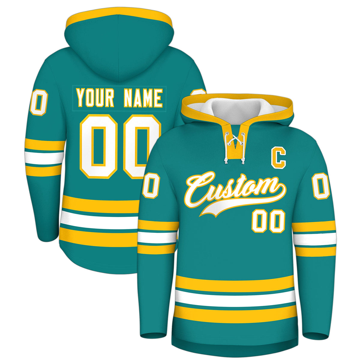 Custom Hockey Hoodie Jersey Teal Gold Classic Style Add Name,Number & Logo