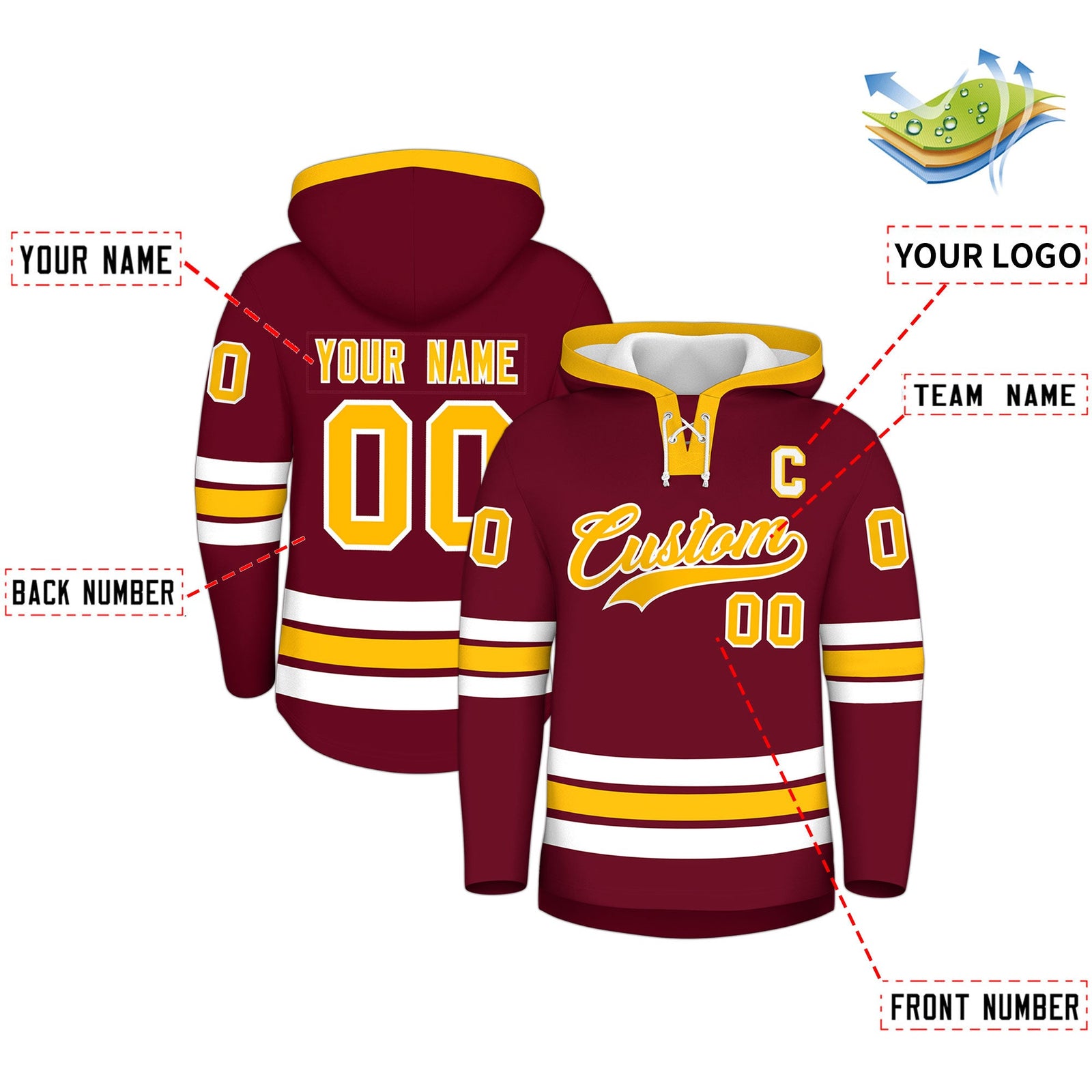 Custom Hockey Hoodie Jersey Crimson Gold Classic Style Add Name,Number & Logo