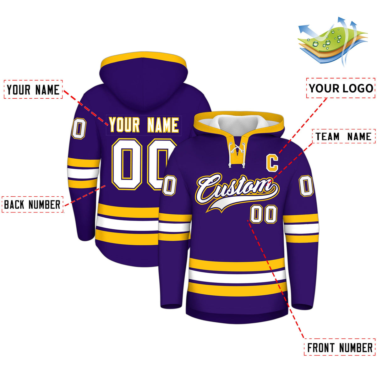 Custom Hockey Hoodie Jersey Purple Gold Classic Style for Men&Youth